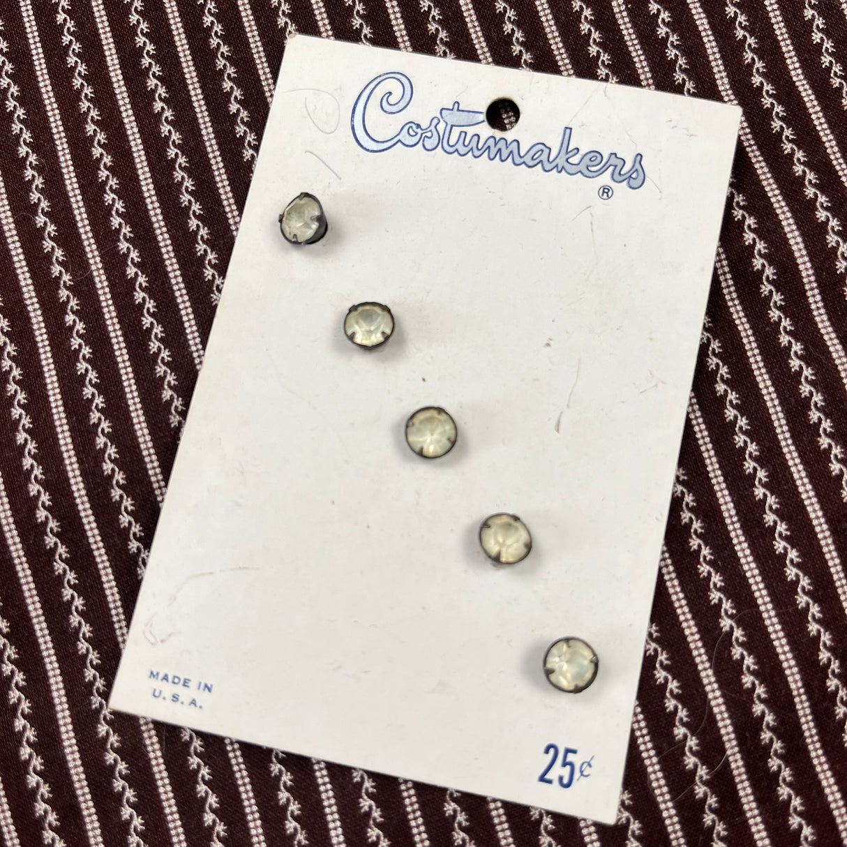 1950’s Costumakers Glass Rhinestones Buttons in metal shank - Clear - on card