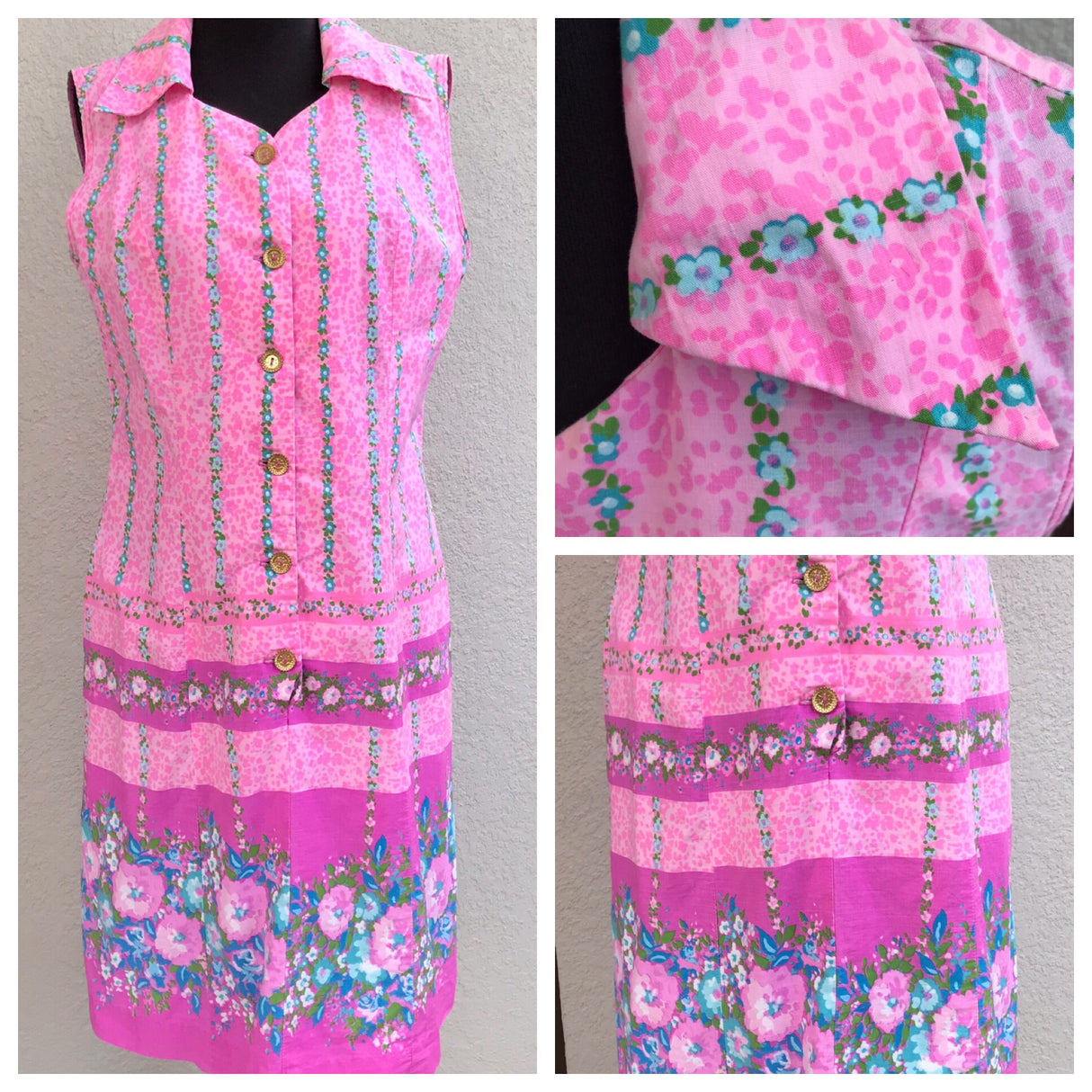 1960’s Floral Border Print Shift Dress with Gold tone Buttons - Bust 38"