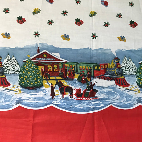 1950’s Christmas theme Train Station Border Print Fabric - Cotton Fabric