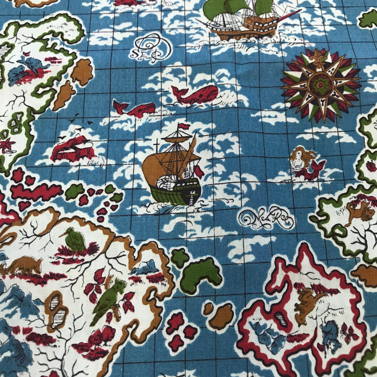 1950’s Novelty print with Ships, Mermaids and Maps cotton fabric by Bates