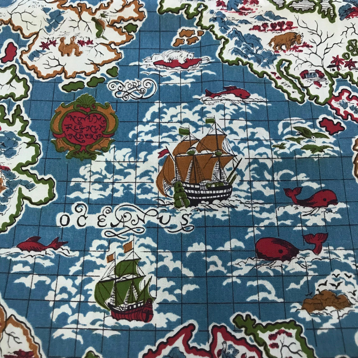 1950’s Novelty print with Ships, Mermaids and Maps cotton fabric by Bates