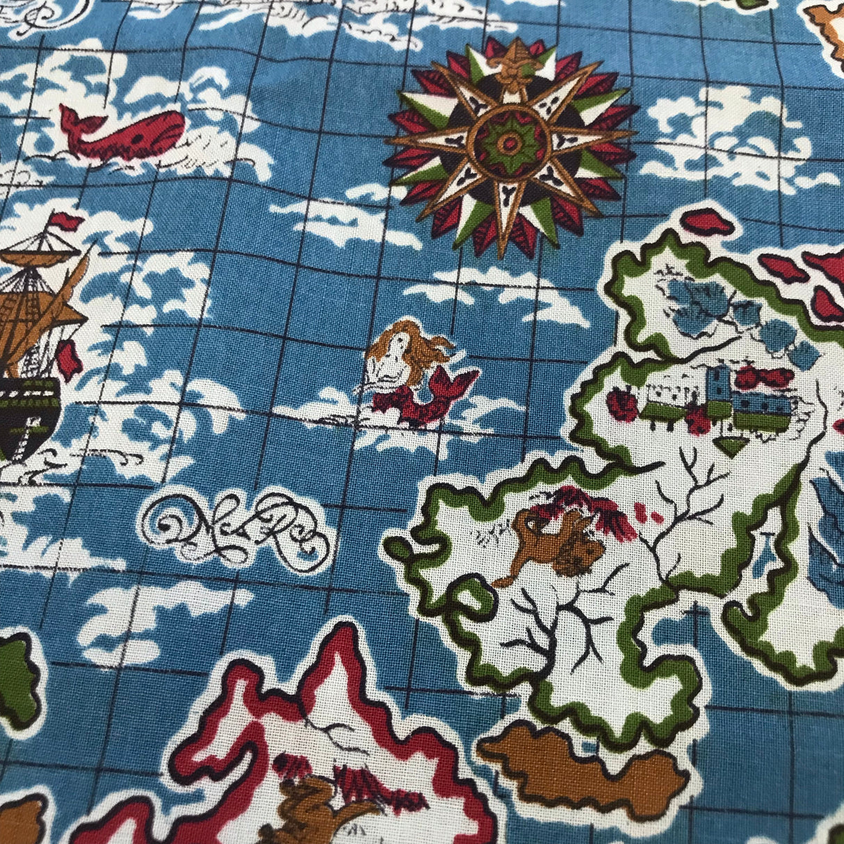 1950’s Novelty print with Ships, Mermaids and Maps cotton fabric by Bates