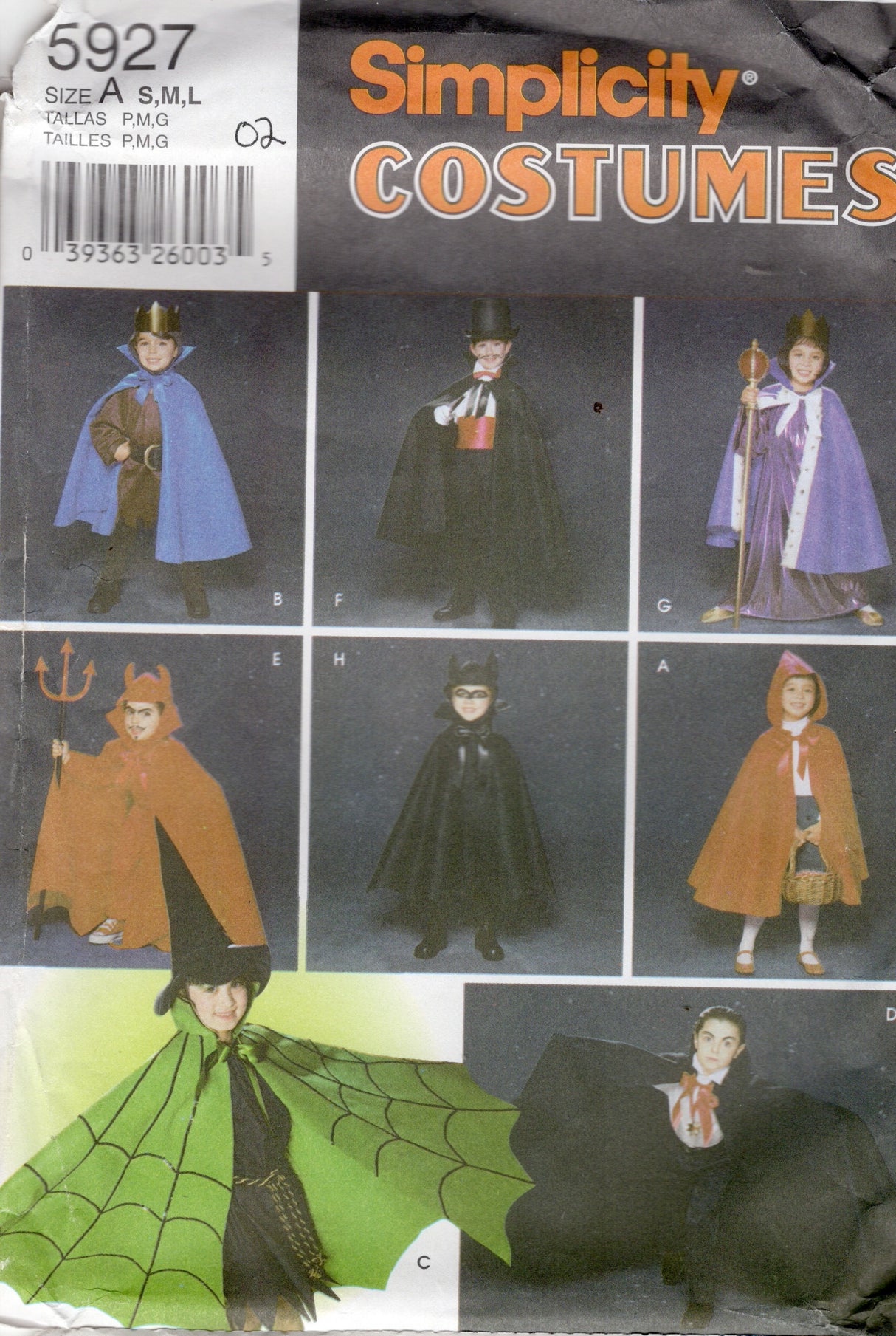 2000's Simplicity Child's Prince, Magician, Wizard, Devil, Bat, Red Riding Hood, Witch and Dracula Costume; Cape, Hat, Headpiece and Robe - Size S-L - No. 5927