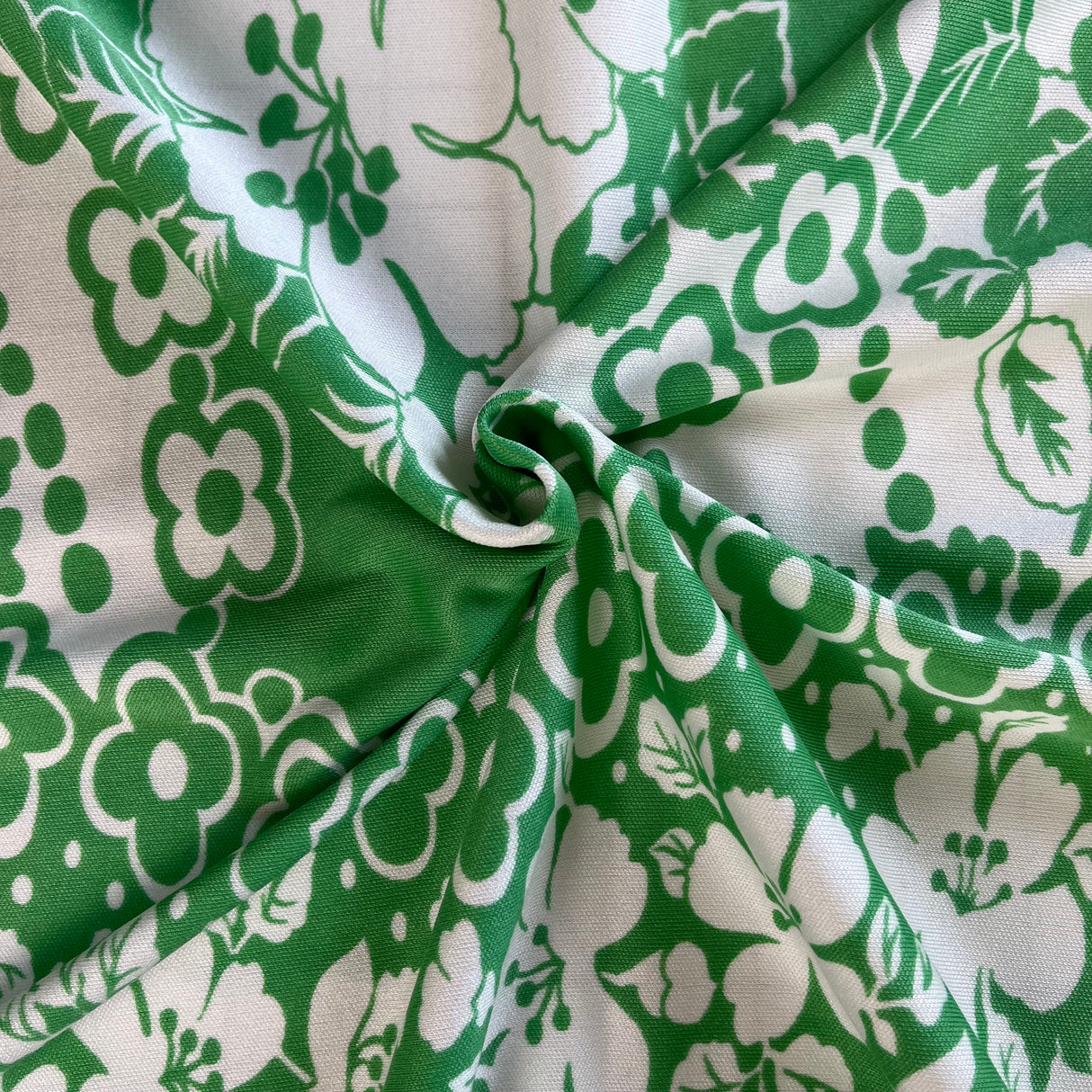 1970’s Green with White Mod Floral Border Print Double Knit Polyester Fabric - (P129)