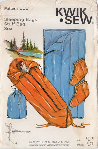 1970's Kwik Sew Sleeping Bag, Mummy Sack, Stuff Bag and Sox pattern - Average Adult Size - No. 100