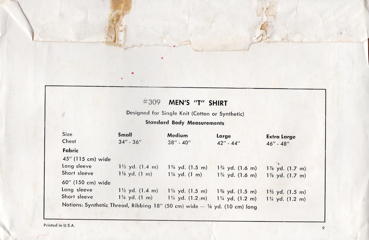 1970's Kwik Sew Men's T-Shirt pattern - Chest 34-48" - No. 309