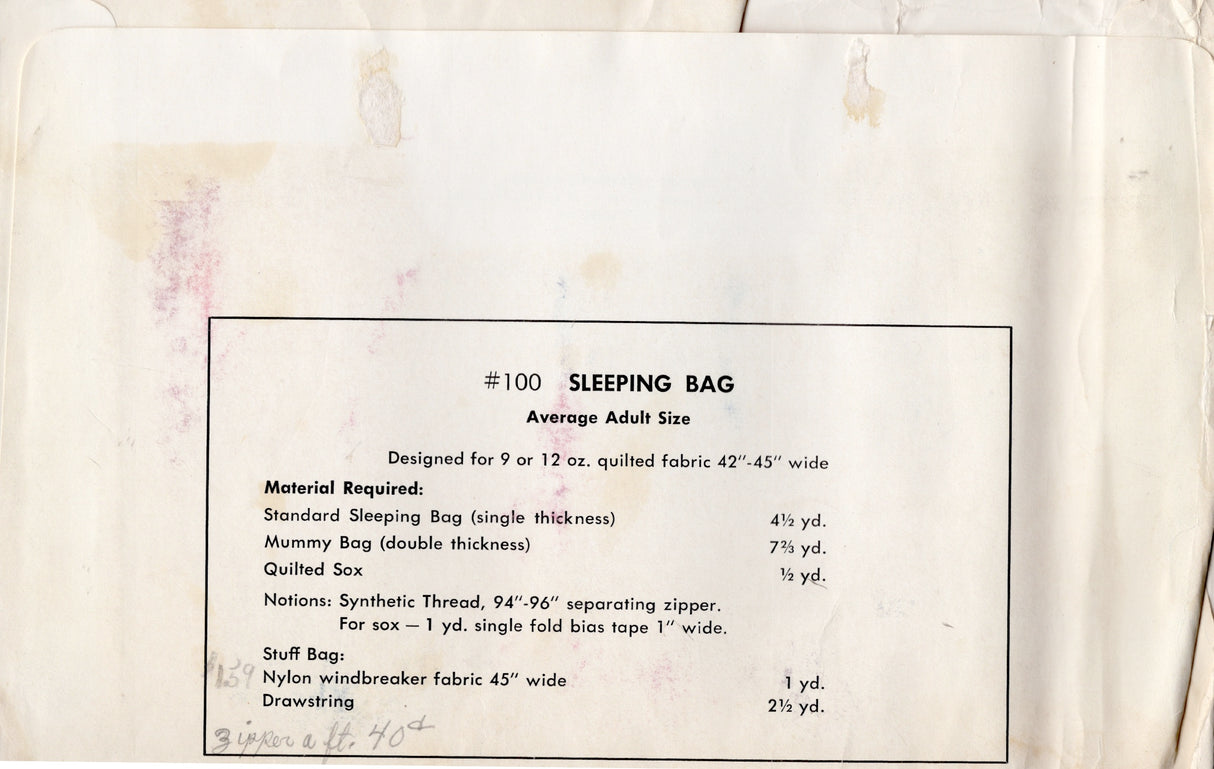 1970's Kwik Sew Sleeping Bag, Mummy Sack, Stuff Bag and Sox pattern - Average Adult Size - No. 100