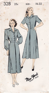 1940's New York Shirtwaist Dress with Tucked Shoulder Accent - Bust 32" - No. 328