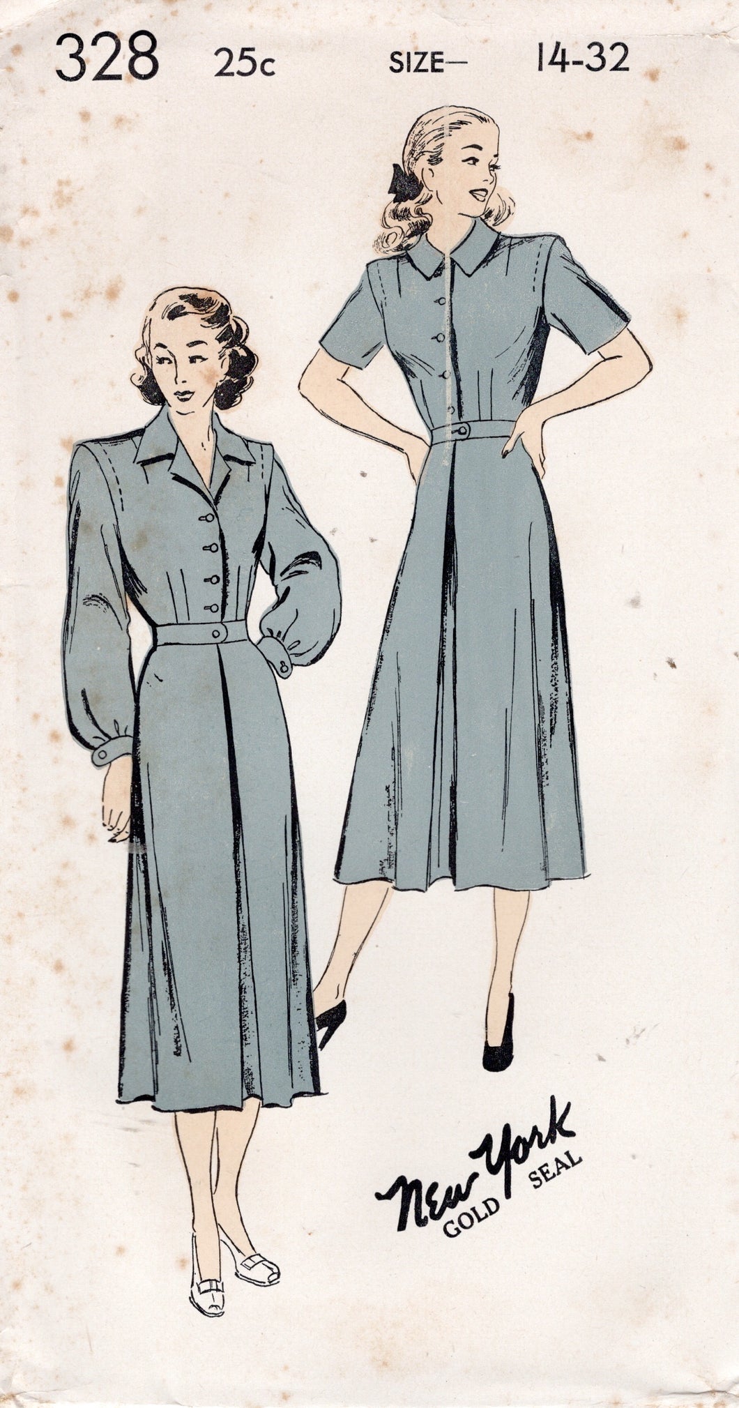 1940's New York Shirtwaist Dress with Tucked Shoulder Accent - Bust 32