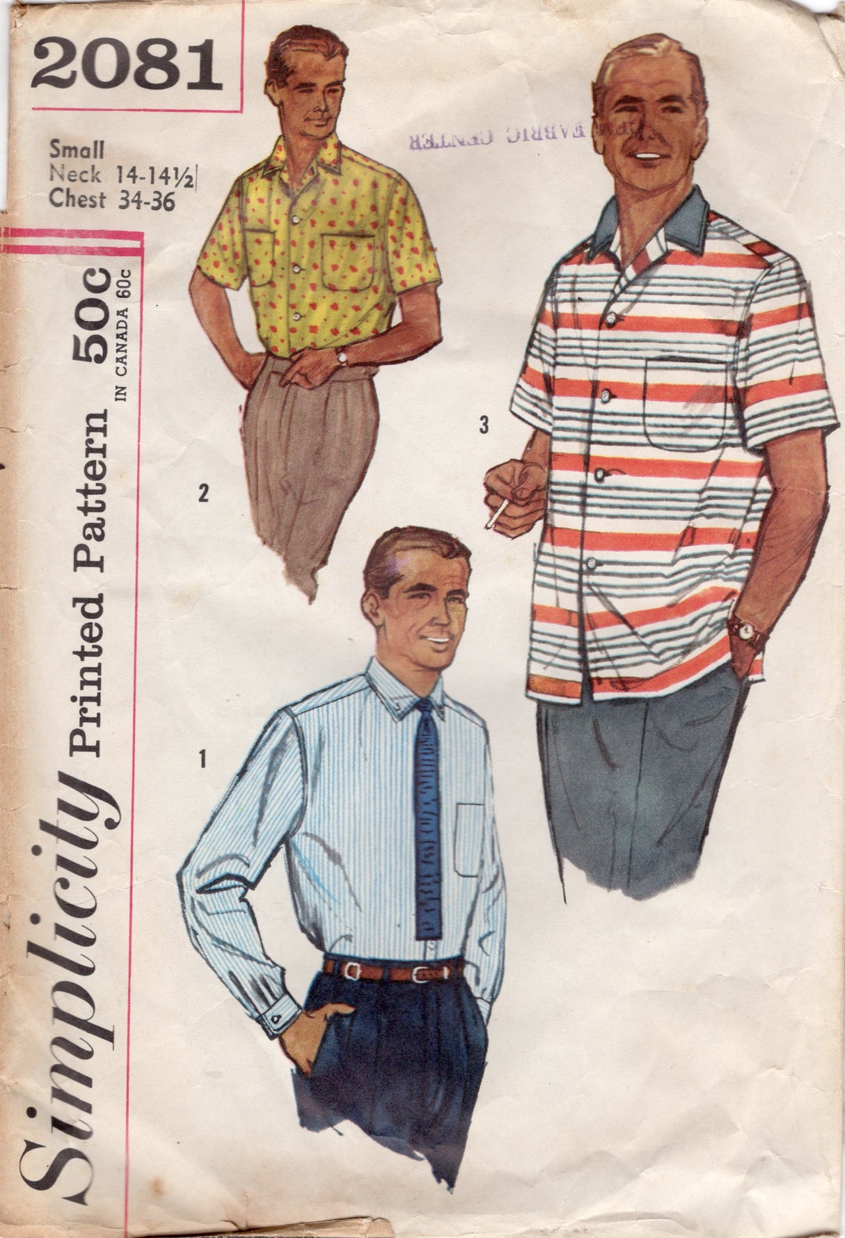 1950's Simplicity Men's Button up Shirt with Two Chest pockets and Two Sleeve lengths - Chest 34-36" - No. 2081