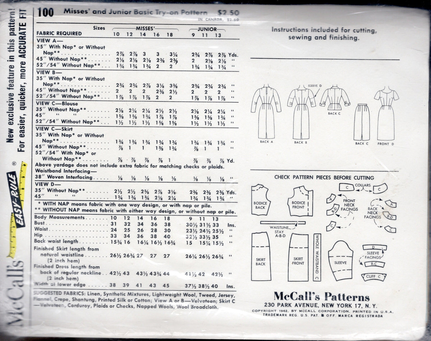 1960's McCall's Basic Try-On Sloper Pattern - Bust 36