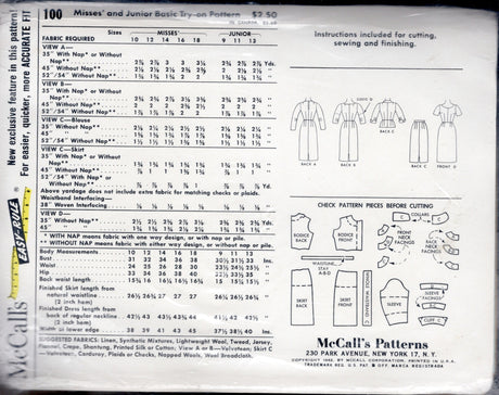 1960's McCall's Basic Try-On Sloper Pattern - Bust 36" - No. 100