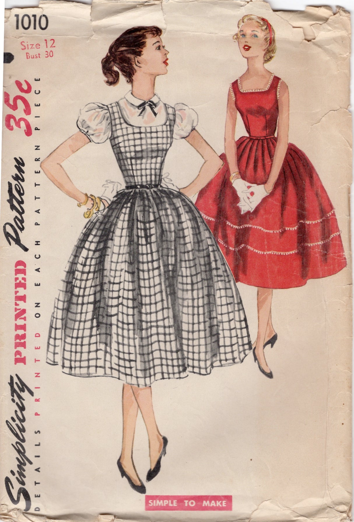 1950’s Simplicity One Piece Jumper or Dress Pattern with Full Skirt and Button Up Shirt - Bust 30" - No. 1010