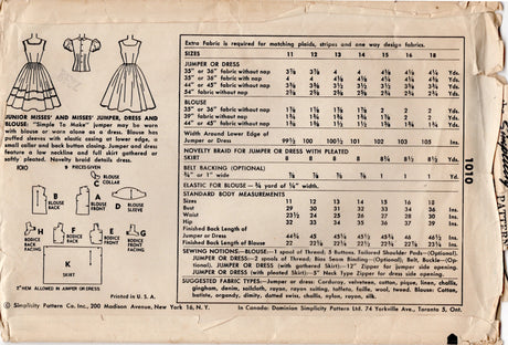 1950’s Simplicity One Piece Jumper or Dress Pattern with Full Skirt and Button Up Shirt - Bust 30" - No. 1010