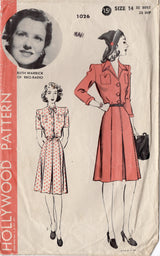1940's Hollwood Shirtwaist Dress Pattern - Bust 32" - No. 1026