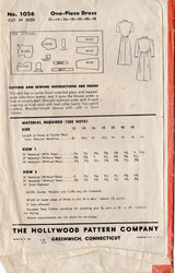 1940's Hollwood Shirtwaist Dress Pattern - Bust 32" - No. 1026