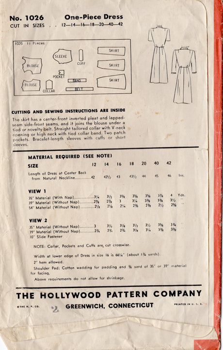 1940's Hollwood Shirtwaist Dress Pattern - Bust 32" - No. 1026