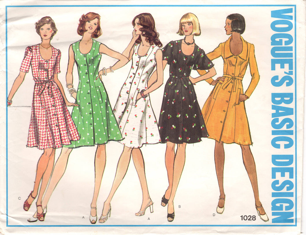 1970's Vogue Basic Princess Lines Scoop Neckline Button Up Dress Pattern with optional large Collar and Flutter Sleeves - Bust 36