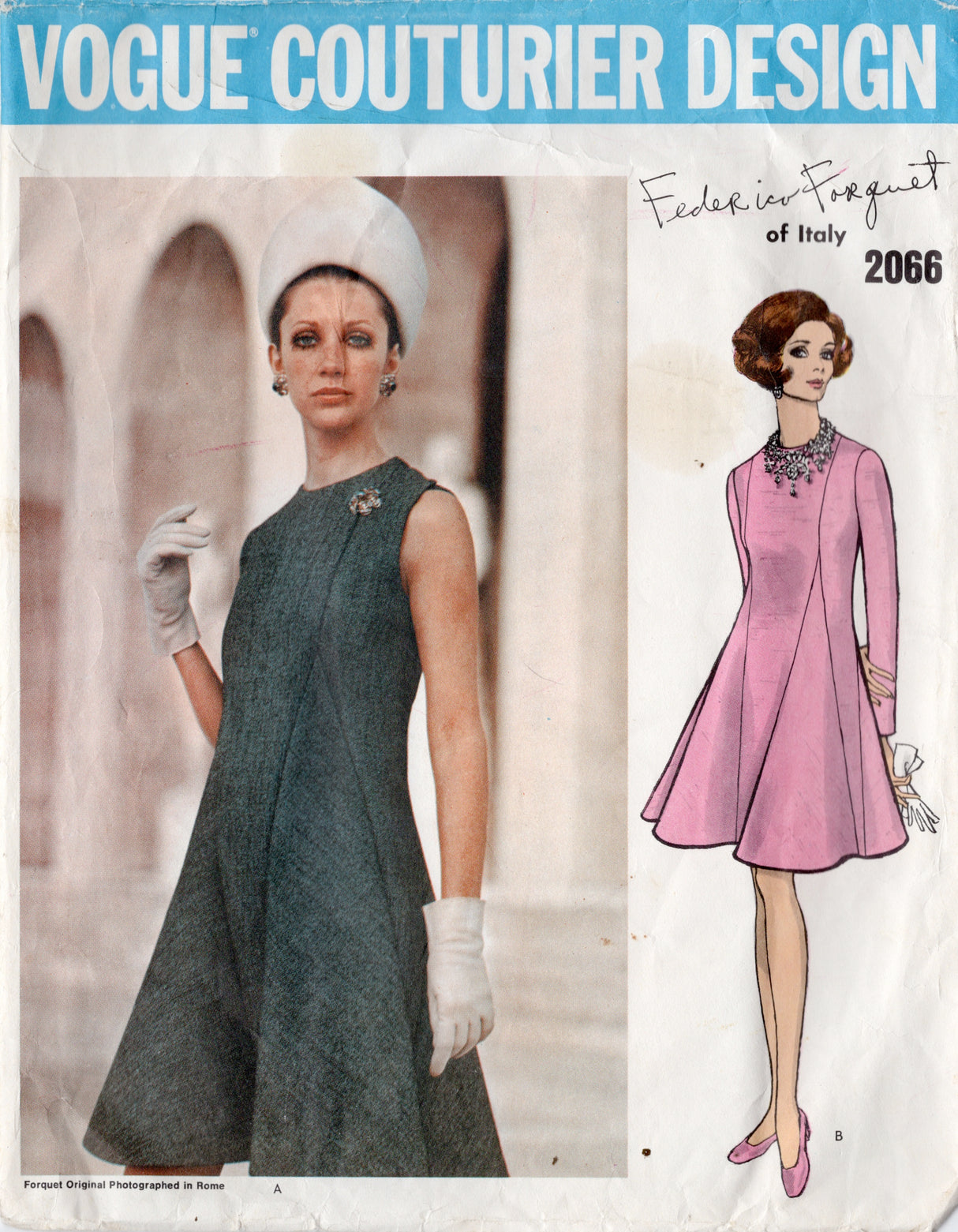 1960's Vogue Couturier Design One Piece Godet Dress by Federico Forquet - Bust 36" - No. 2066
