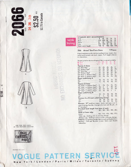 1960's Vogue Couturier Design One Piece Godet Dress by Federico Forquet - Bust 36" - No. 2066