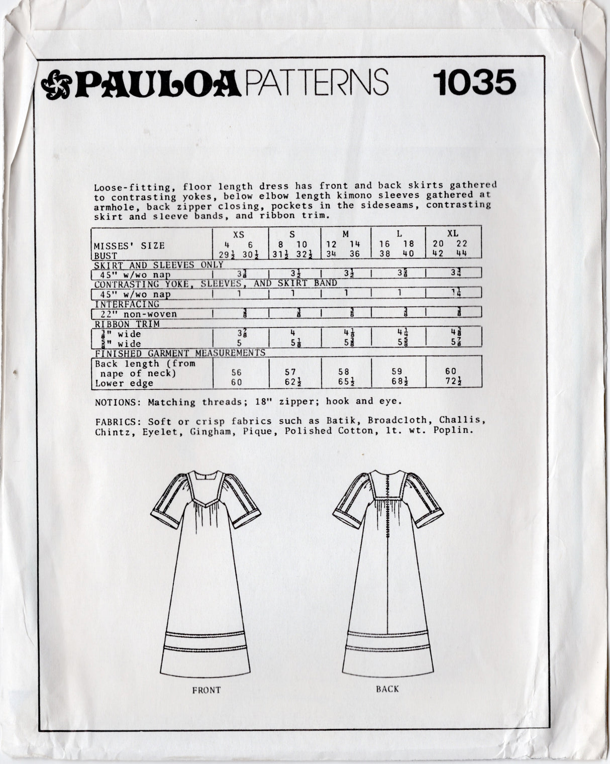 1980's Pauloa Patterns Maxi Dress with Large Yoke Pattern - Bust 29.5-44" - No. 1035