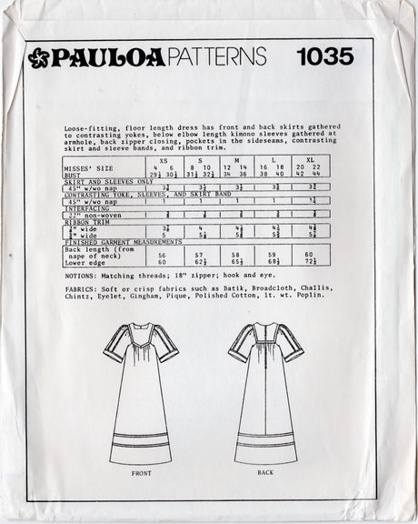 1980's Pauloa Patterns Maxi Dress with Large Yoke Pattern - Bust 29.5-44" - No. 1035