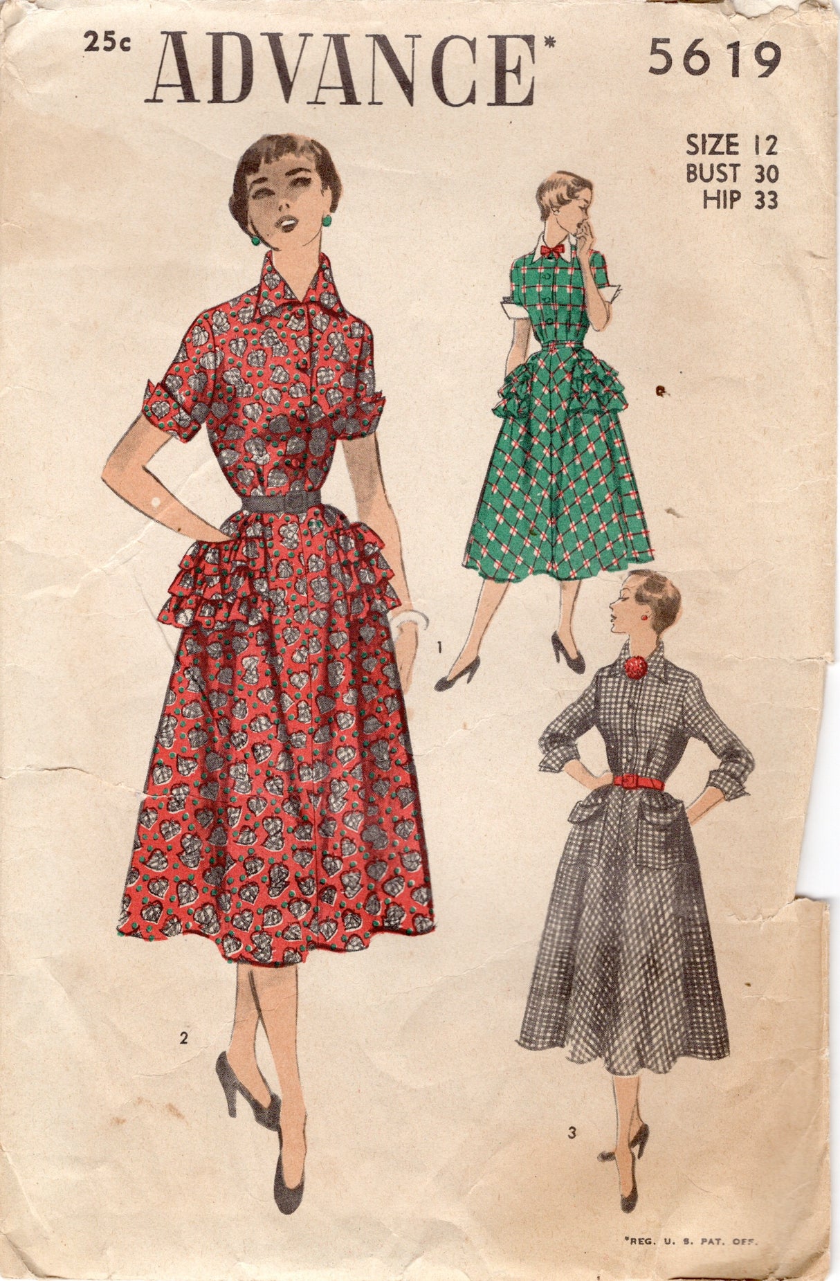 1950's Advance Fit and Flare Dress Pattern with Patch Ruffle Pockets Pattern - Bust 30" - No. 5619