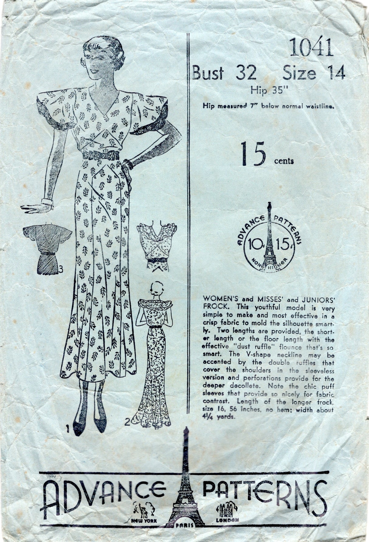 1930's Advance One-Piece Day Dress or Evening Gown with V neck and Ruffle Collar and Large Puff Sleeve Pattern - Bust 32" - No. 1041