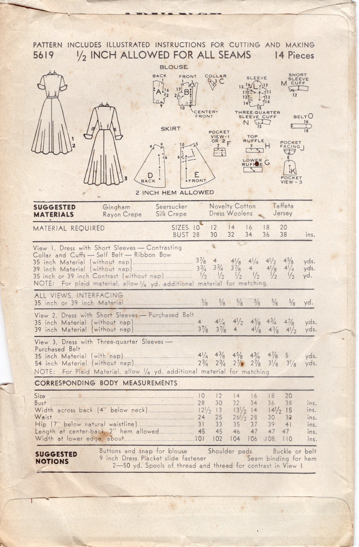 1950's Advance Fit and Flare Dress Pattern with Patch Ruffle Pockets Pattern - Bust 30" - No. 5619