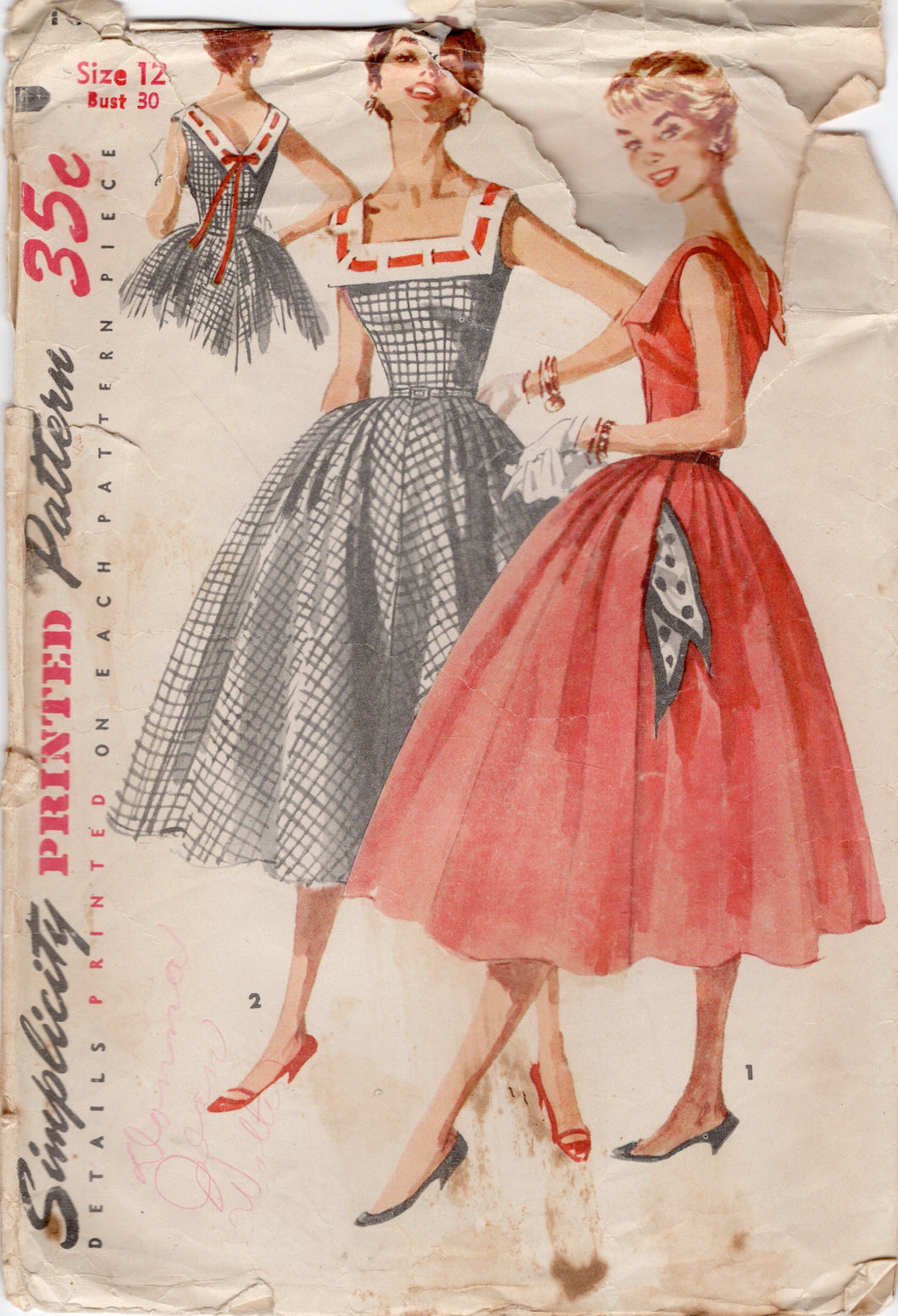 1950's Simplicity Fit and Flare Dress Pattern with Square Neckline and Large Collar - Bust 30