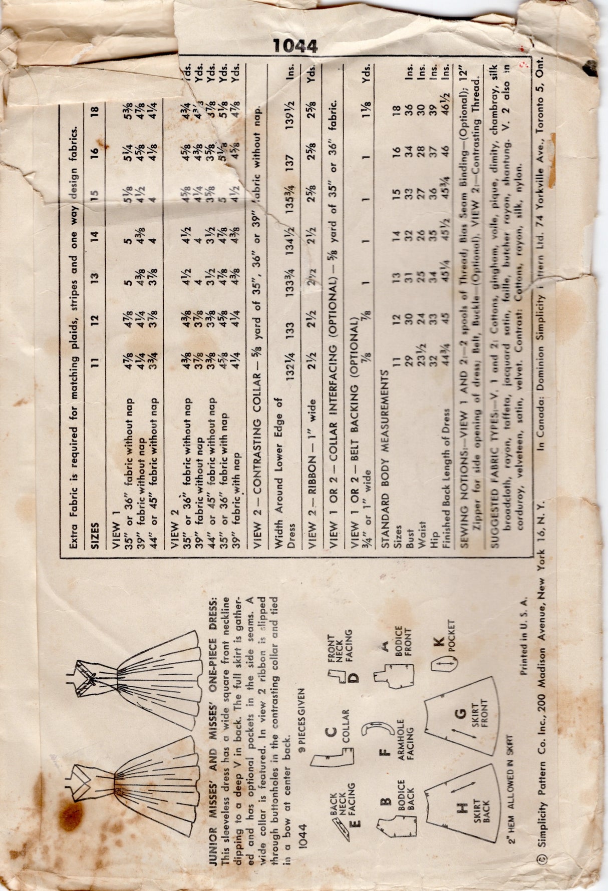 1950's Simplicity Fit and Flare Dress Pattern with Square Neckline and Large Collar - Bust 30" - No. 1044