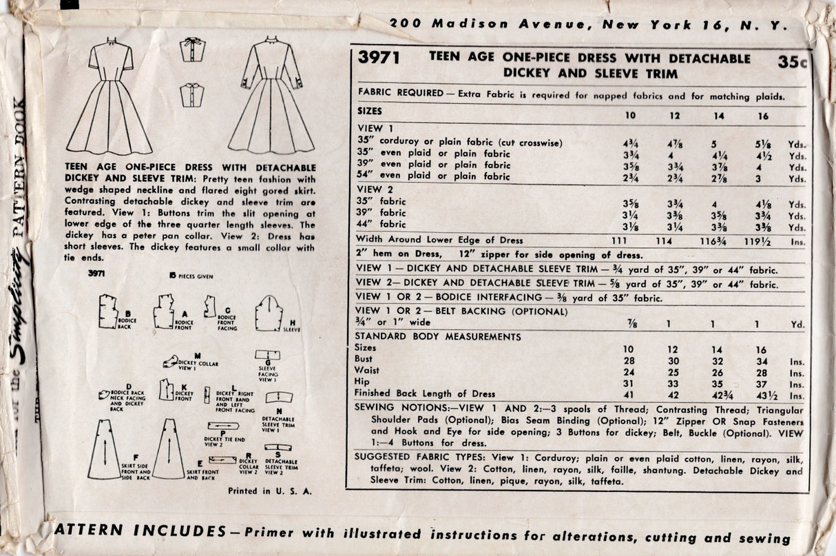 1950's Simplicity One Piece Dress Pattern with Keyhole Neckline and detachable Dickey - Bust 32" - No. 3971