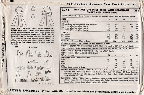 1950's Simplicity One Piece Dress Pattern with Keyhole Neckline and detachable Dickey - Bust 32" - No. 3971