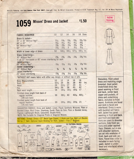 1960's McCall's New York Designer Yoked Princess Line Dress  and Jacket Pattern - Originala - Bust 40" - No. N/1059