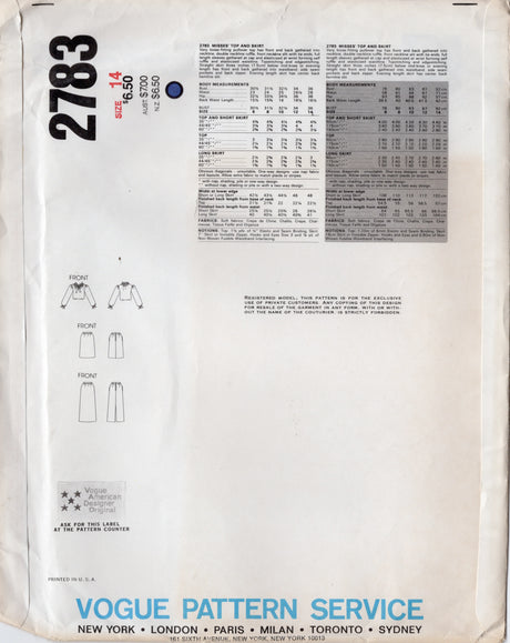 1980's Vogue American Designer Midi or Maxi Skirt and Top with Ruffle Collar Pattern - Bust 36" - No. 2783