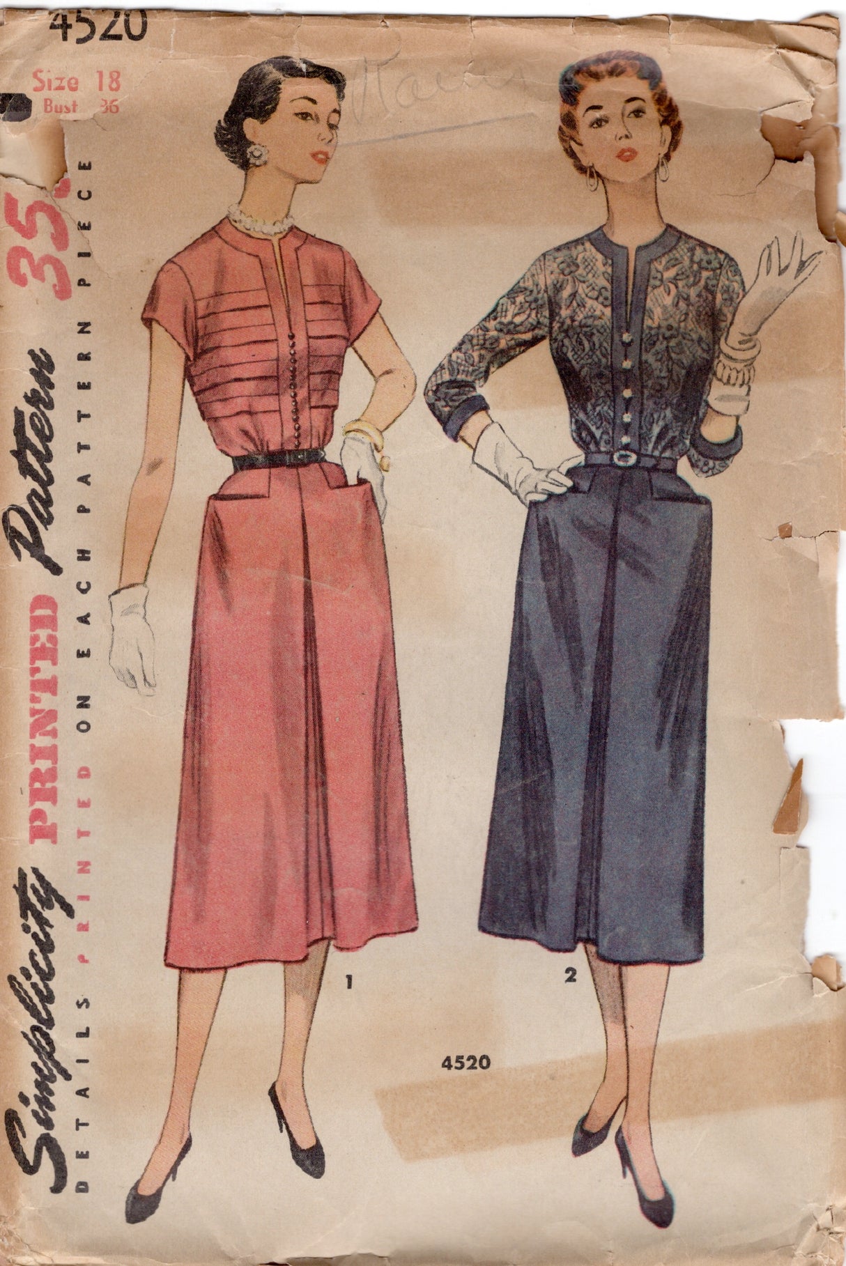 1950's Simplicity Tucked Front Dress Pattern with Pockets - Bust 36" - No. 4520