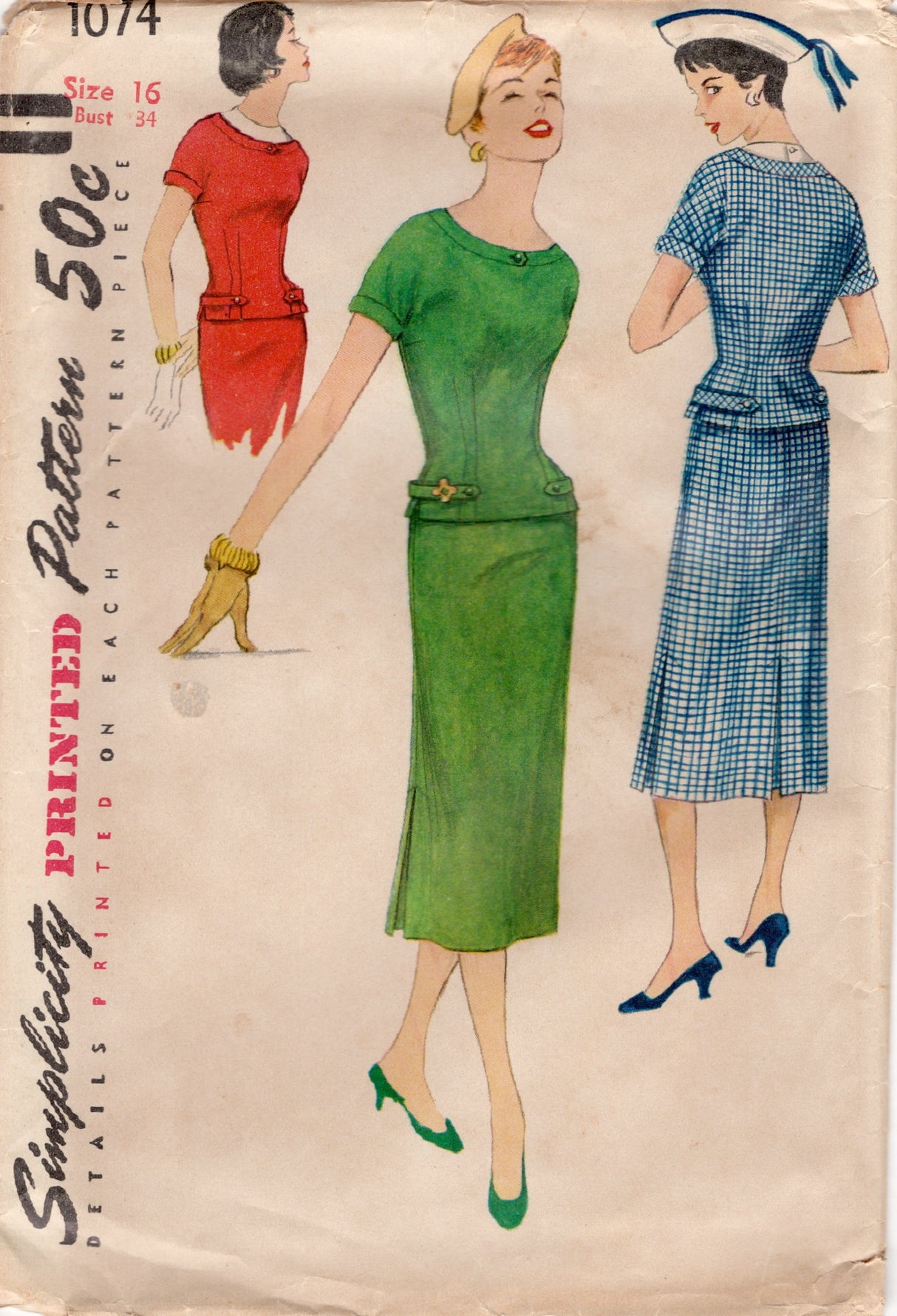 1950's Simplicity Two Piece Dress Pattern with Guimpe - Bust 34" - No. 1074