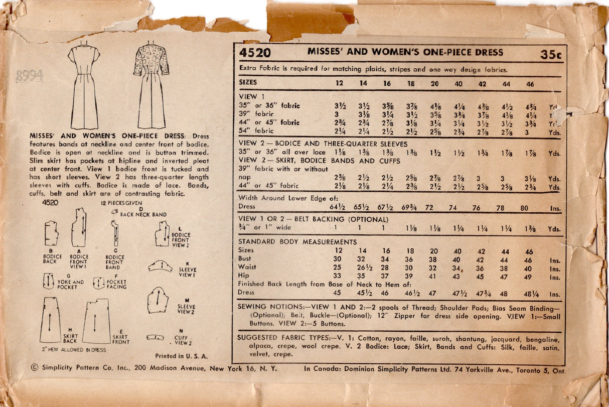 1950's Simplicity Tucked Front Dress Pattern with Pockets - Bust 36" - No. 4520