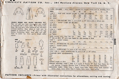 1950's Simplicity Two Piece Suit Pattern with Raised Waistband Skirt - Bust 34" - No. 8488