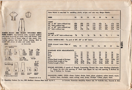 1950's Simplicity Two Piece Dress Pattern with Guimpe - Bust 34" - No. 1074