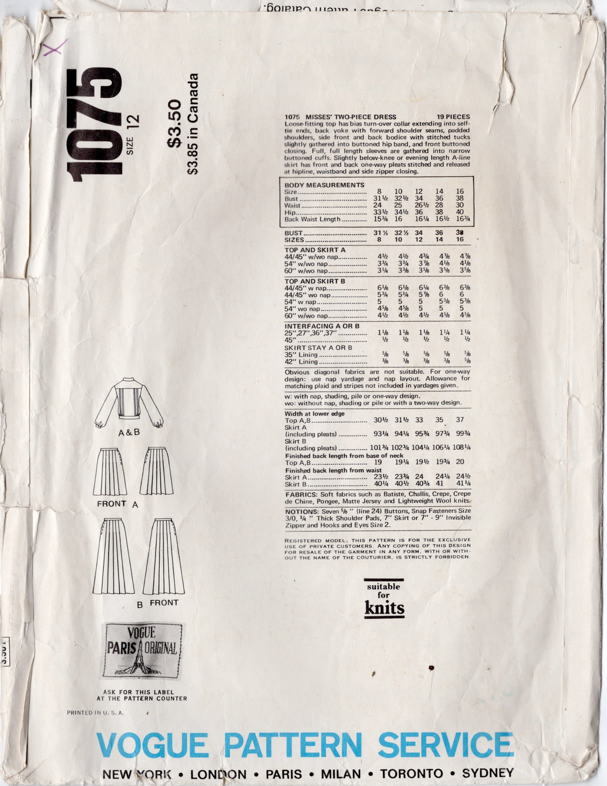 1970's Vogue Paris Original Shirtwaist Dress pattern with Bow Accent by Balmain - Bust 34" - No. 1075