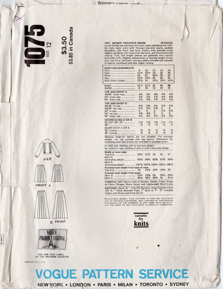 1970's Vogue Paris Original Shirtwaist Dress pattern with Bow Accent by Balmain - Bust 34" - No. 1075