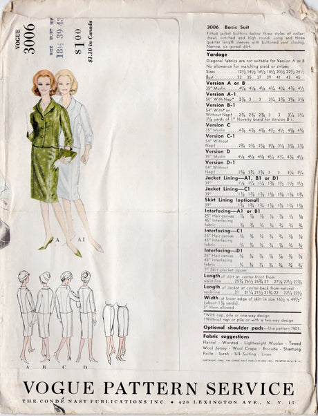 1960's Vogue Basic Design Suit Block Pattern - Bust 39" - No. 3006