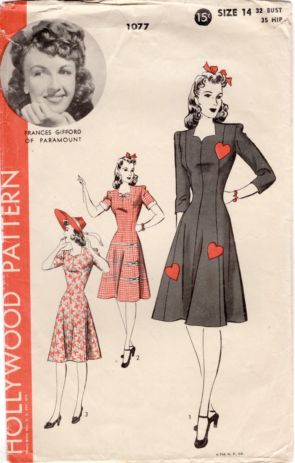 1940's Hollywood Princess Line Dress with Heart Pockets - Bust 32" - No. 1077