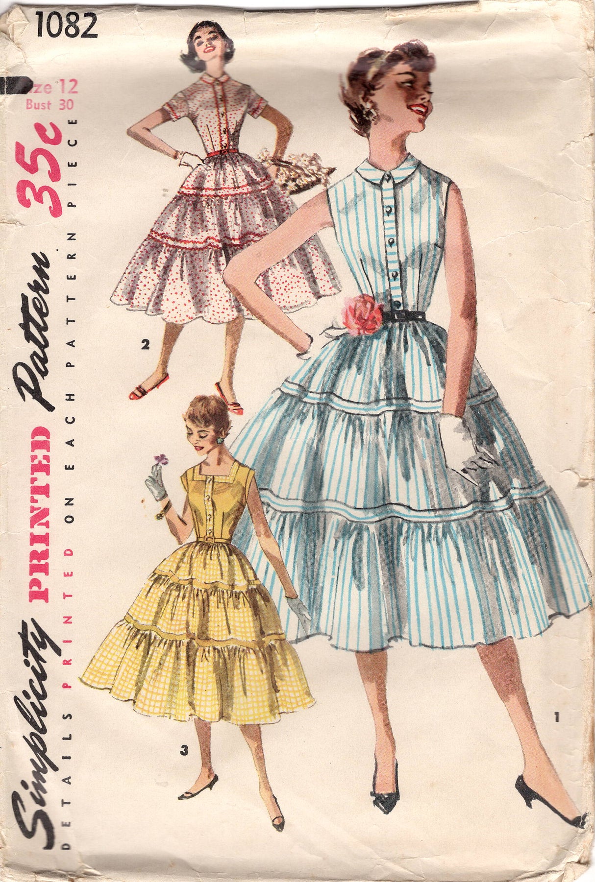 1950's Simplicity One-Piece Shirtwaist Dress with High or Square Neck line and Tiered Skirt  - Bust 30" - No. 1082