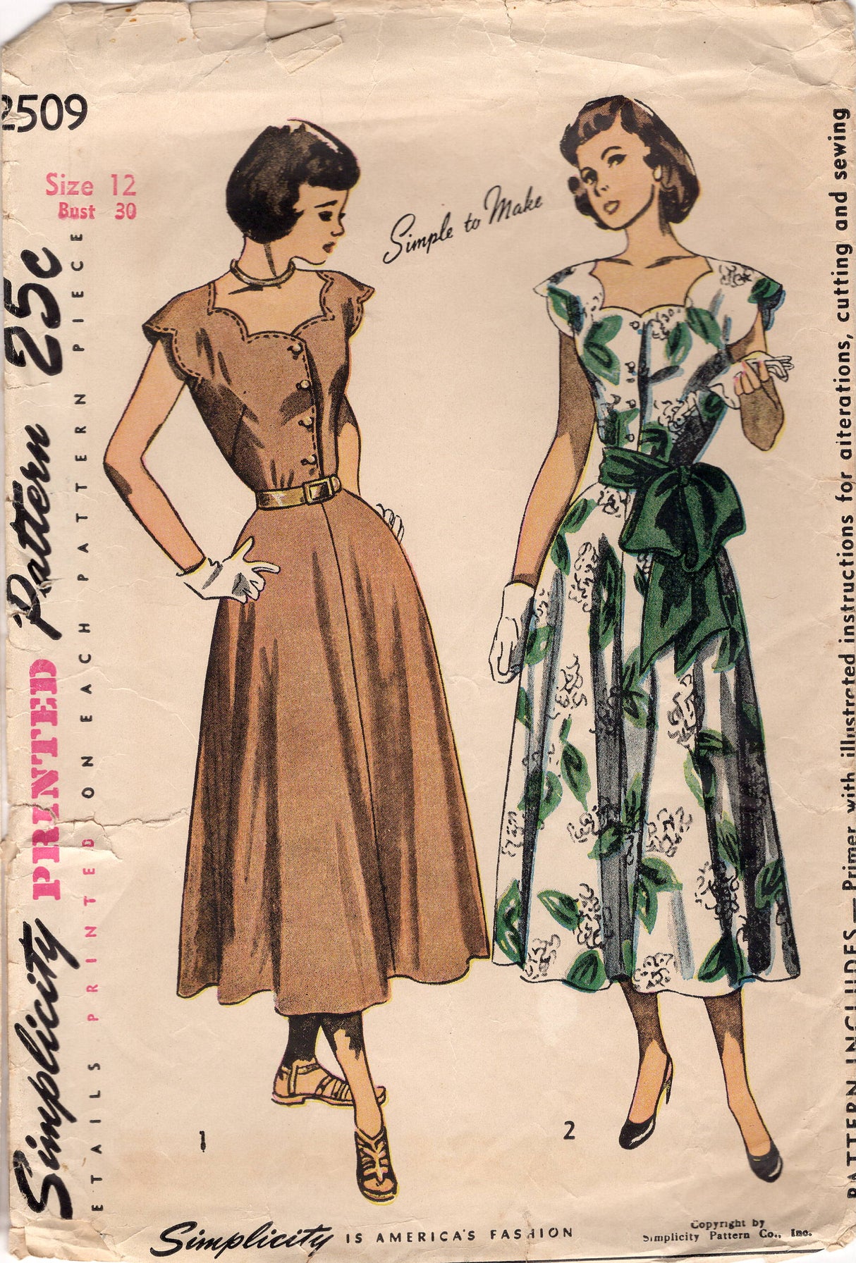 1940's Simplicity A-line Dress with scallop neckline Pattern - Bust 30" - No. 2509