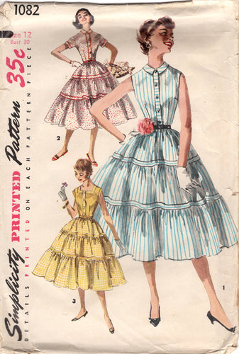 1950's Simplicity One-Piece Shirtwaist Dress with High or Square Neck line and Tiered Skirt  - Bust 30