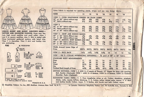 1950's Simplicity One-Piece Shirtwaist Dress with High or Square Neck line and Tiered Skirt  - Bust 30" - No. 1082