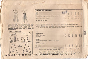 1940's Simplicity A-line Dress with scallop neckline Pattern - Bust 30" - No. 2509