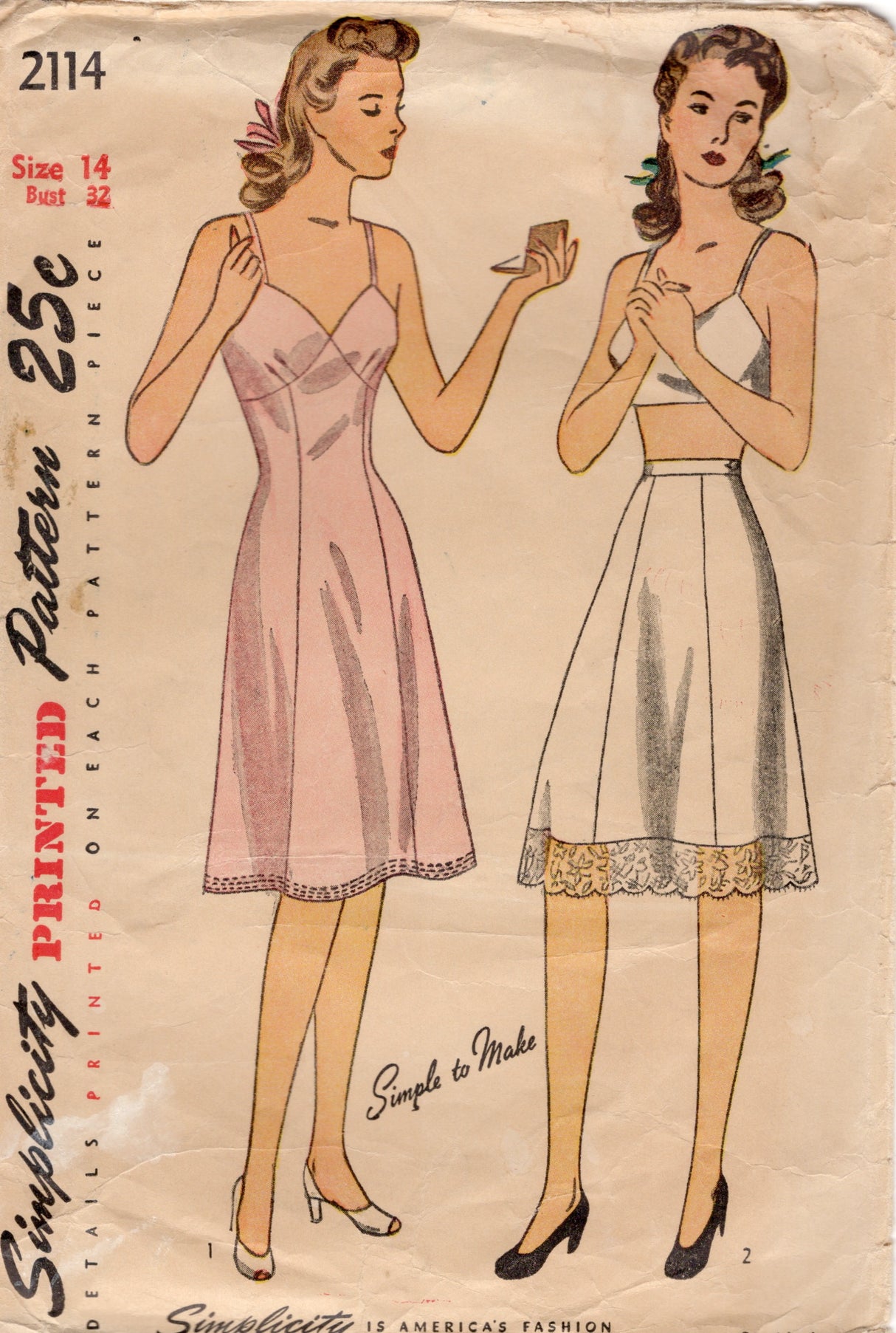 1940's Simplicity Half Slip Pattern - Bust 32" - No. 2114